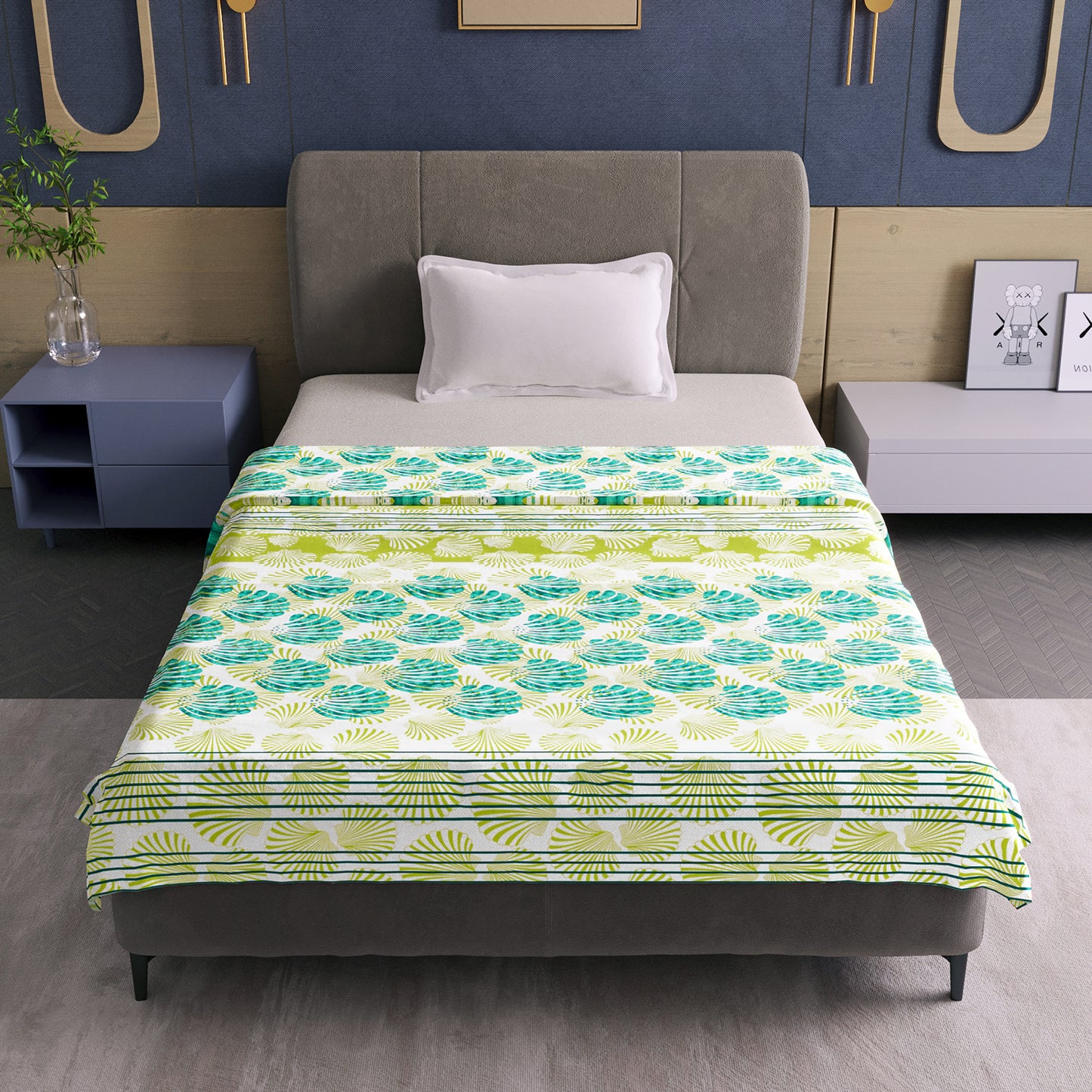Yellow and Blue 120 TC Cotton Floral Single Bed AC Blanket Dohar for All Season