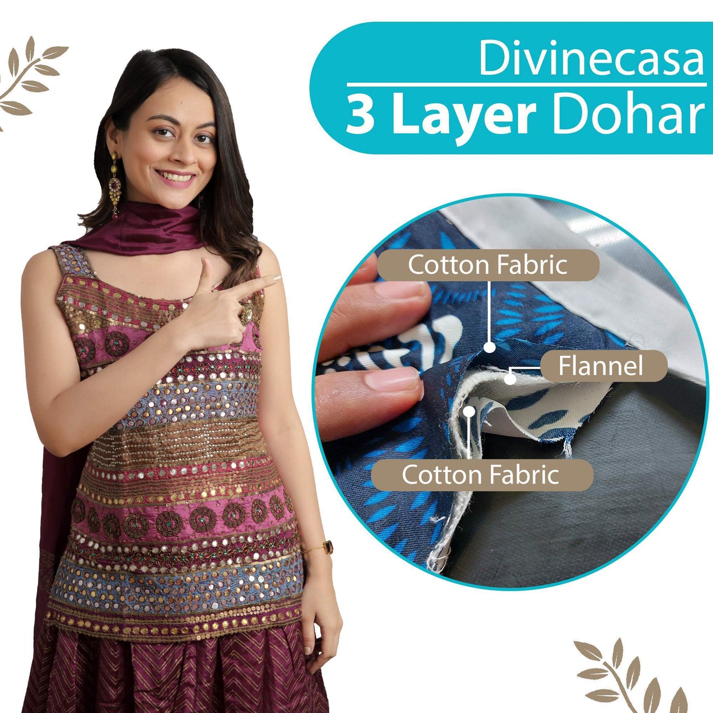 Blue and Grey 120 TC Cotton Floral Pattern Single Bed AC Blanket Dohar for All Season