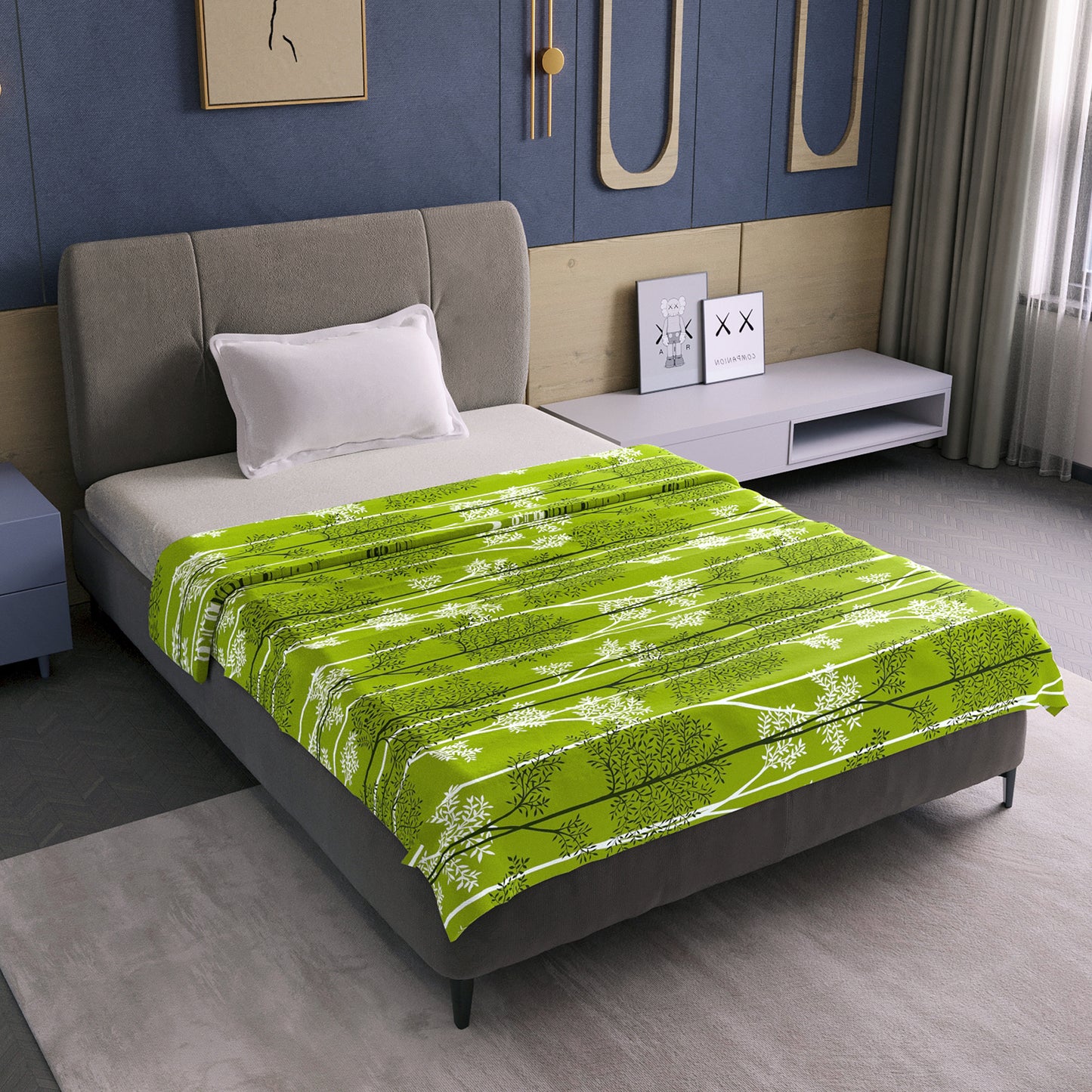 Green 120 TC Cotton Leaf Floral Pattern Single Bed AC Blanket Dohar for All Season