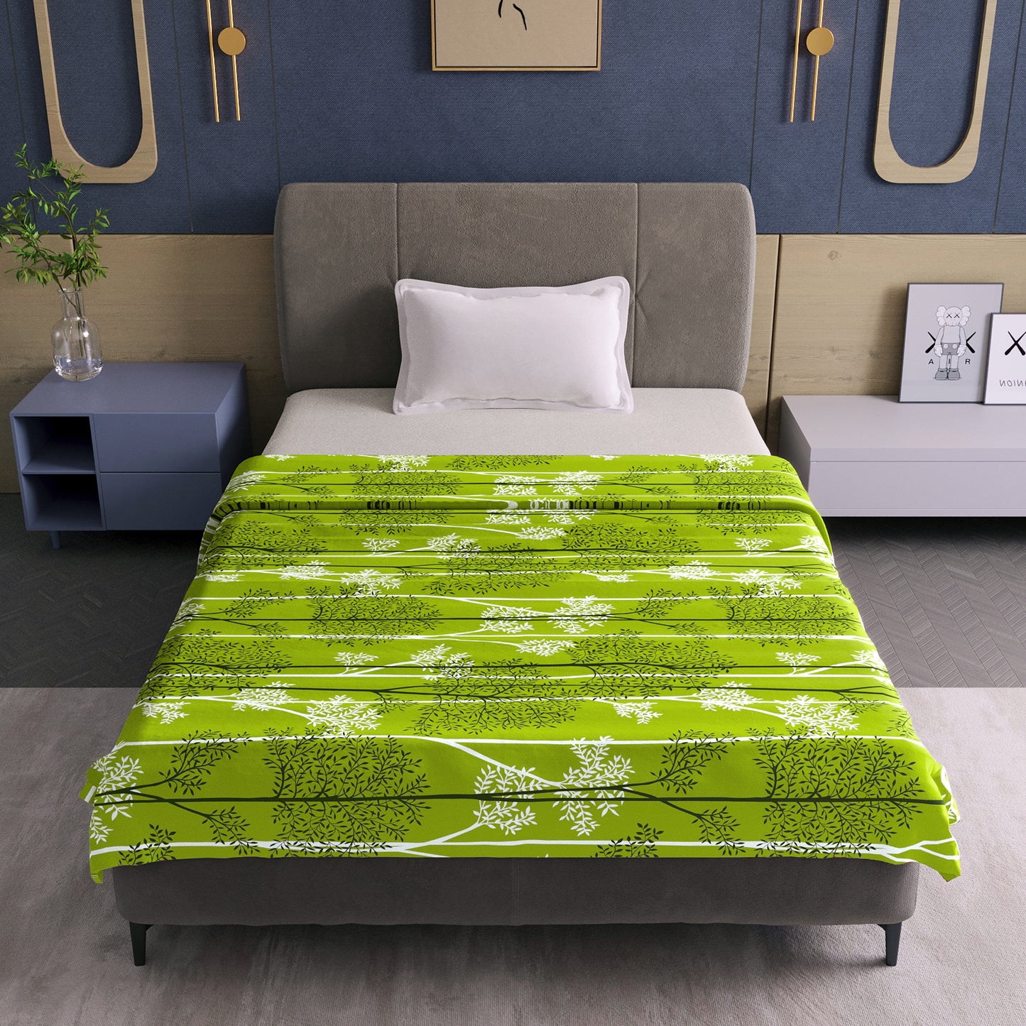 Green 120 TC Cotton Leaf Floral Pattern Single Bed AC Blanket Dohar for All Season