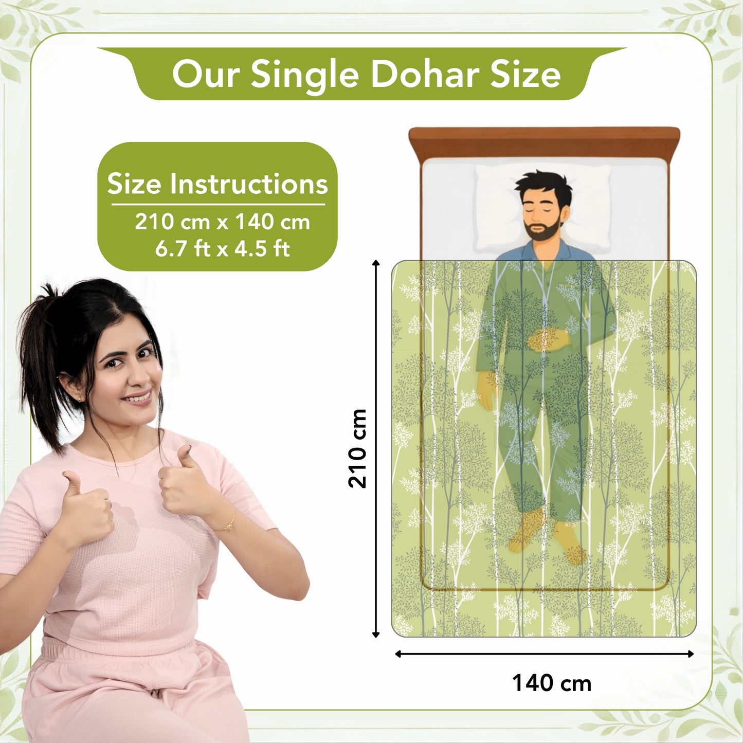 Green 120 TC Cotton Leaf Floral Pattern Single Bed AC Blanket Dohar for All Season