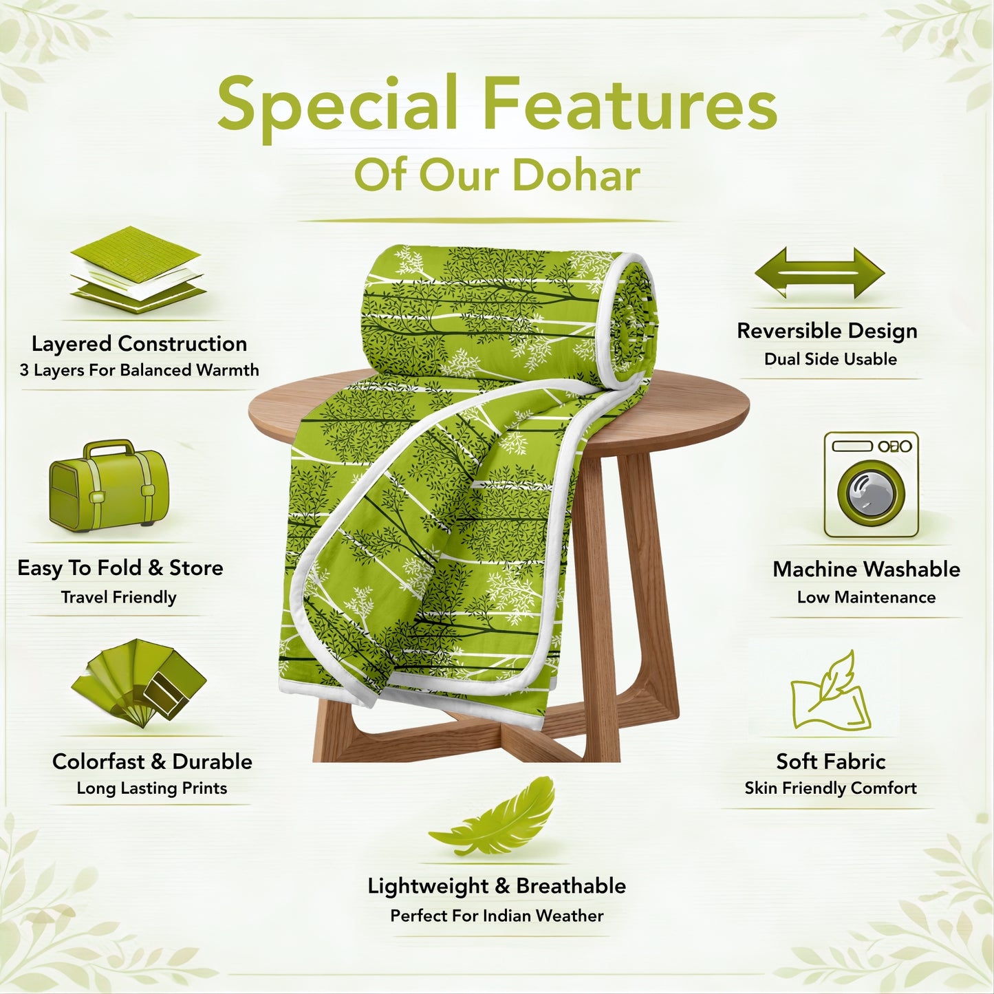 Green 120 TC Cotton Leaf Floral Pattern Single Bed AC Blanket Dohar for All Season