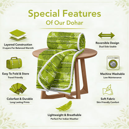 Green 120 TC Cotton Leaf Floral Pattern Single Bed AC Blanket Dohar for All Season