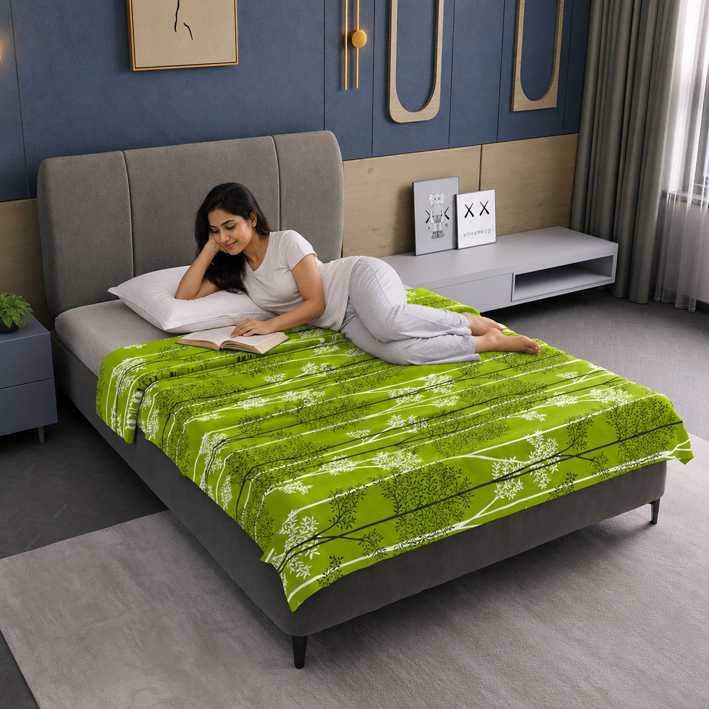 Green 120 TC Cotton Leaf Floral Pattern Single Bed AC Blanket Dohar for All Season