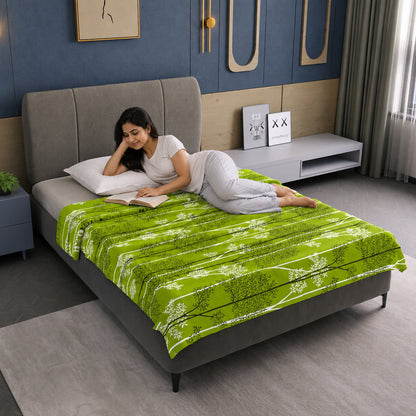 Green 120 TC Cotton Leaf Floral Pattern Single Bed AC Blanket Dohar for All Season