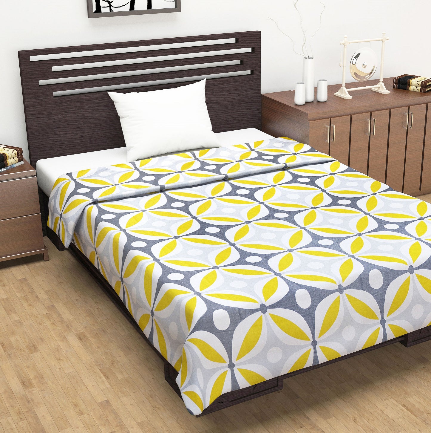 Yellow and Grey 120 TC Cotton Floral Pattern Single Bed AC Blanket Dohar for All Season