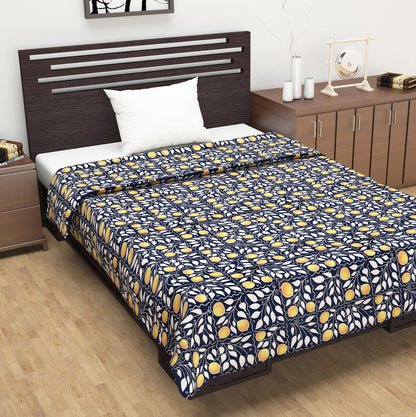 Navy Blue and Yellow 120 TC Cotton Floral Pattern Single Bed AC Blanket Dohar for All Season