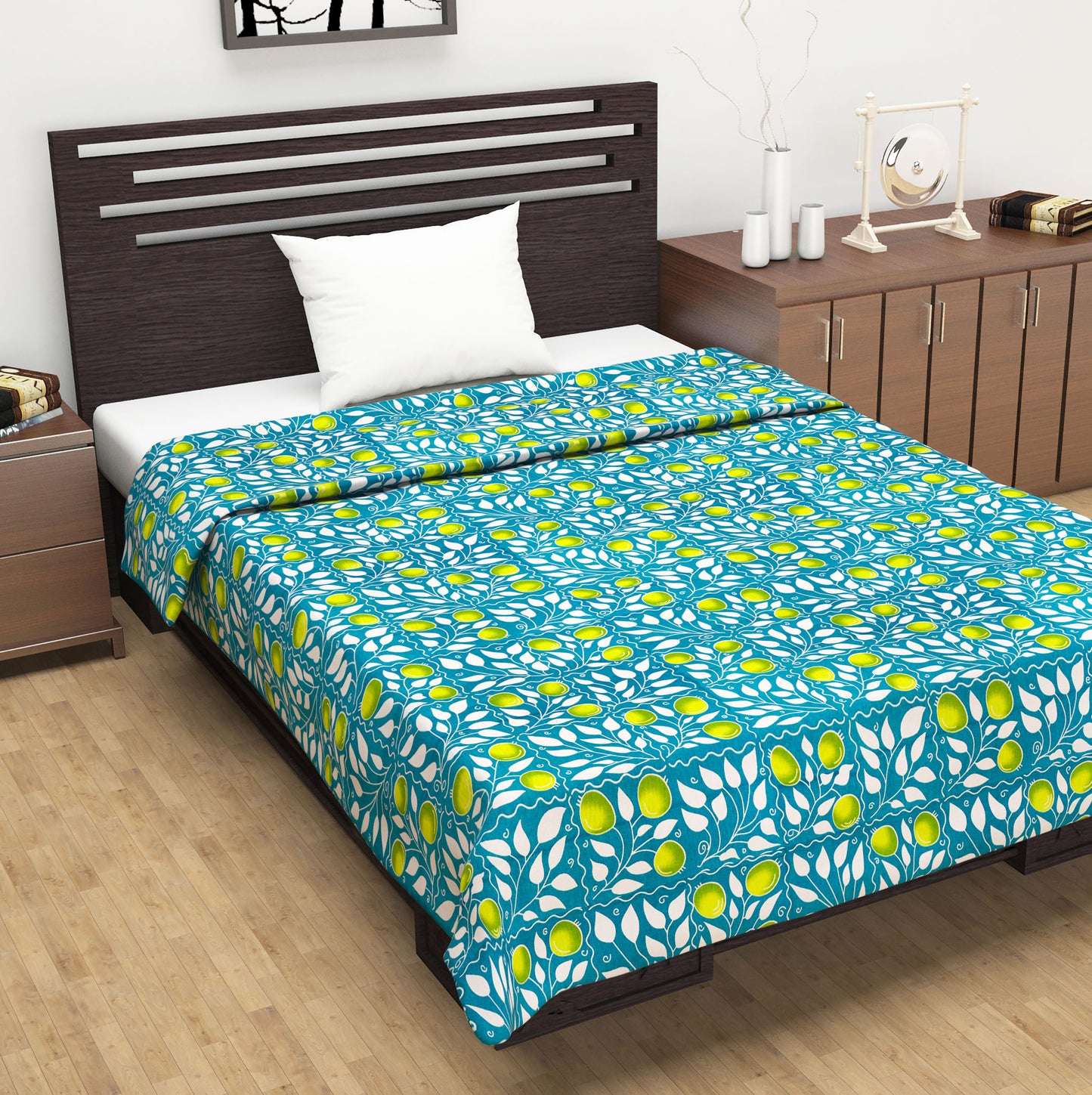 Blue And Green 120 TC Cotton Floral Single Bed AC Blanket Dohar for All Season