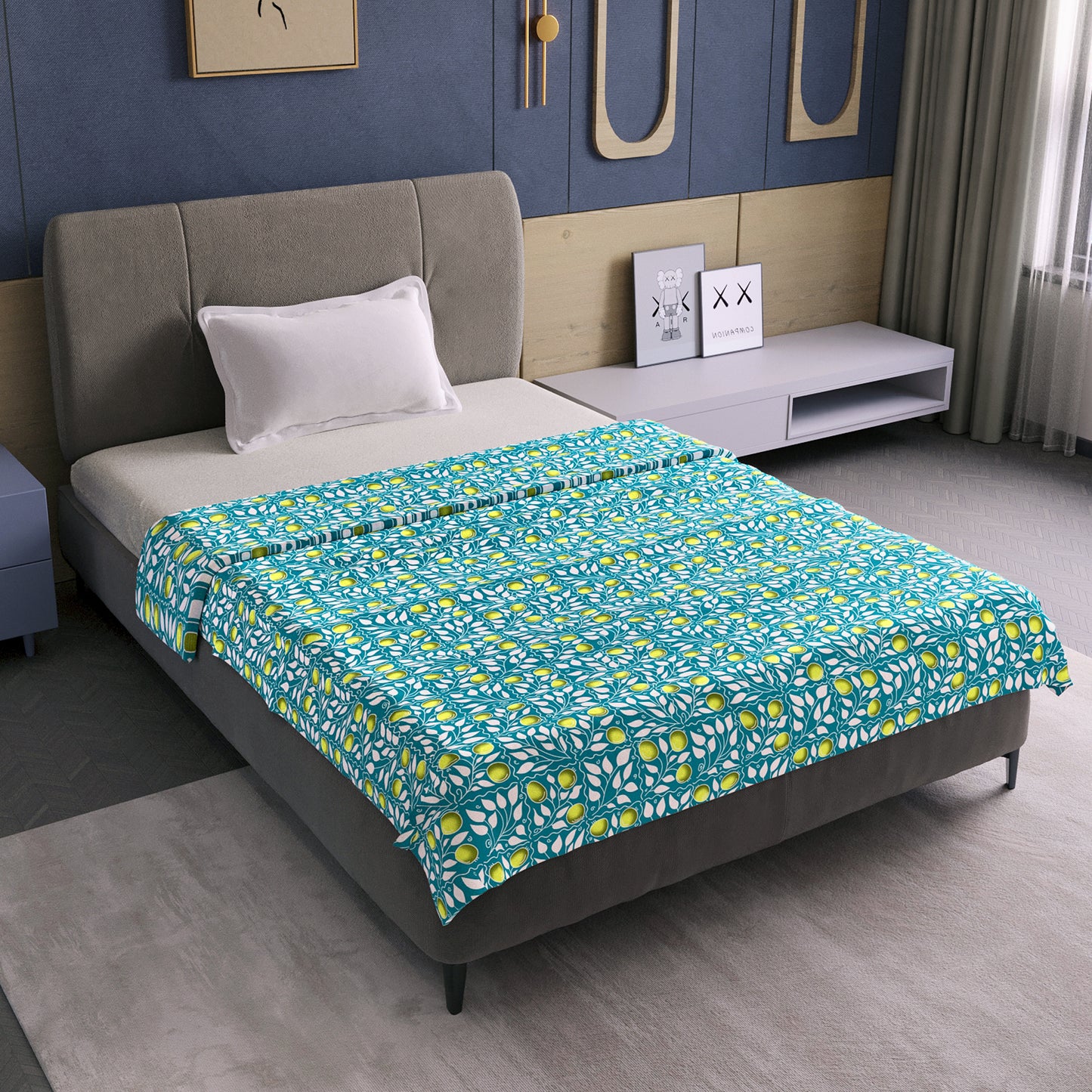 Blue And Green 120 TC Cotton Floral Single Bed AC Blanket Dohar for All Season