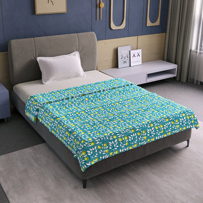 Blue And Green 120 TC Cotton Floral Single Bed AC Blanket Dohar for All Season
