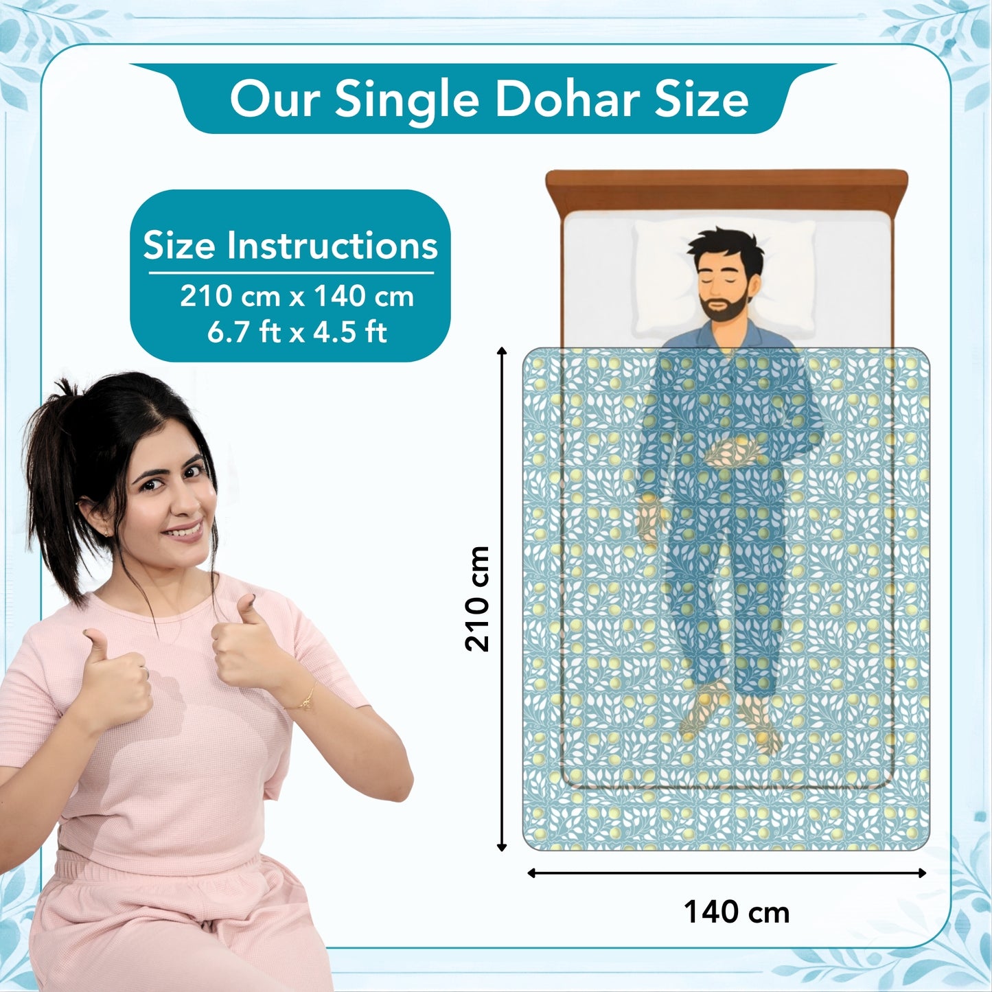 Blue And Green 120 TC Cotton Floral Single Bed AC Blanket Dohar for All Season