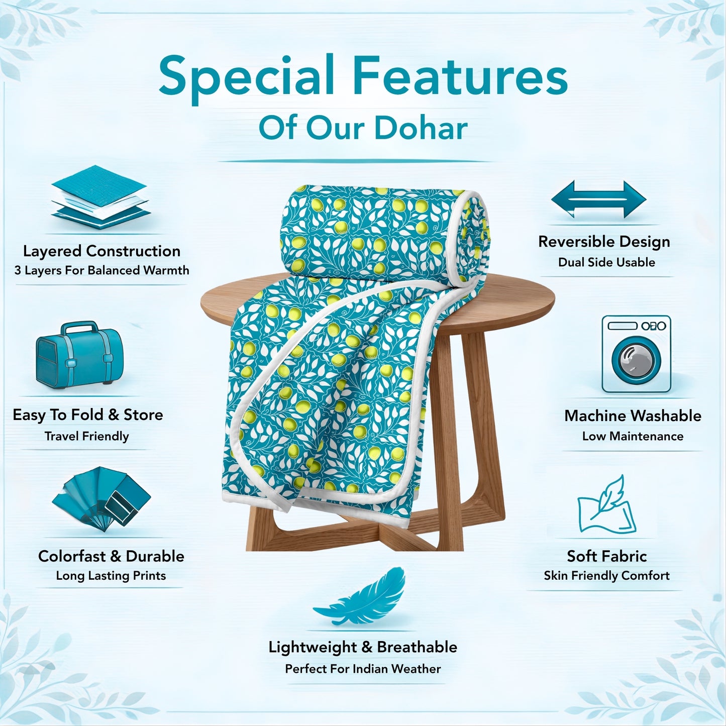 Blue And Green 120 TC Cotton Floral Single Bed AC Blanket Dohar for All Season