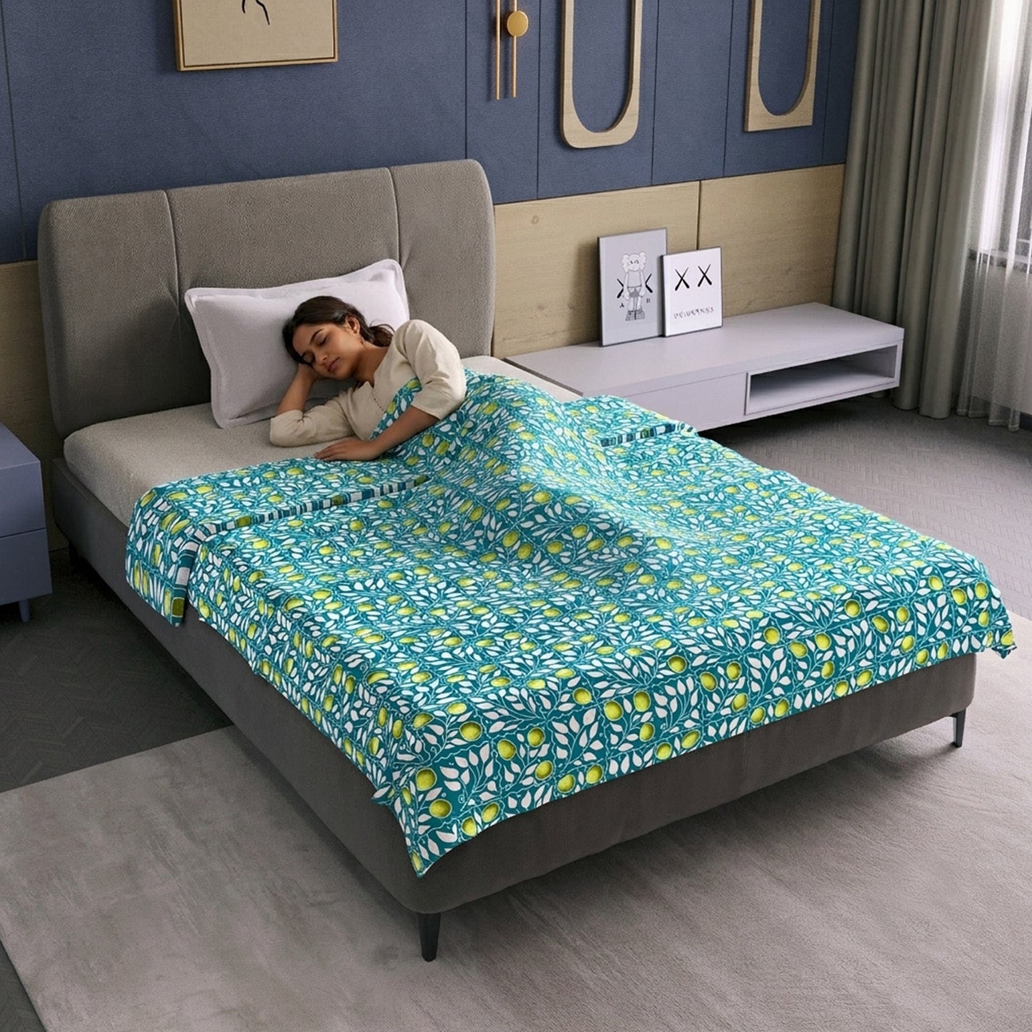 Blue And Green 120 TC Cotton Floral Single Bed AC Blanket Dohar for All Season