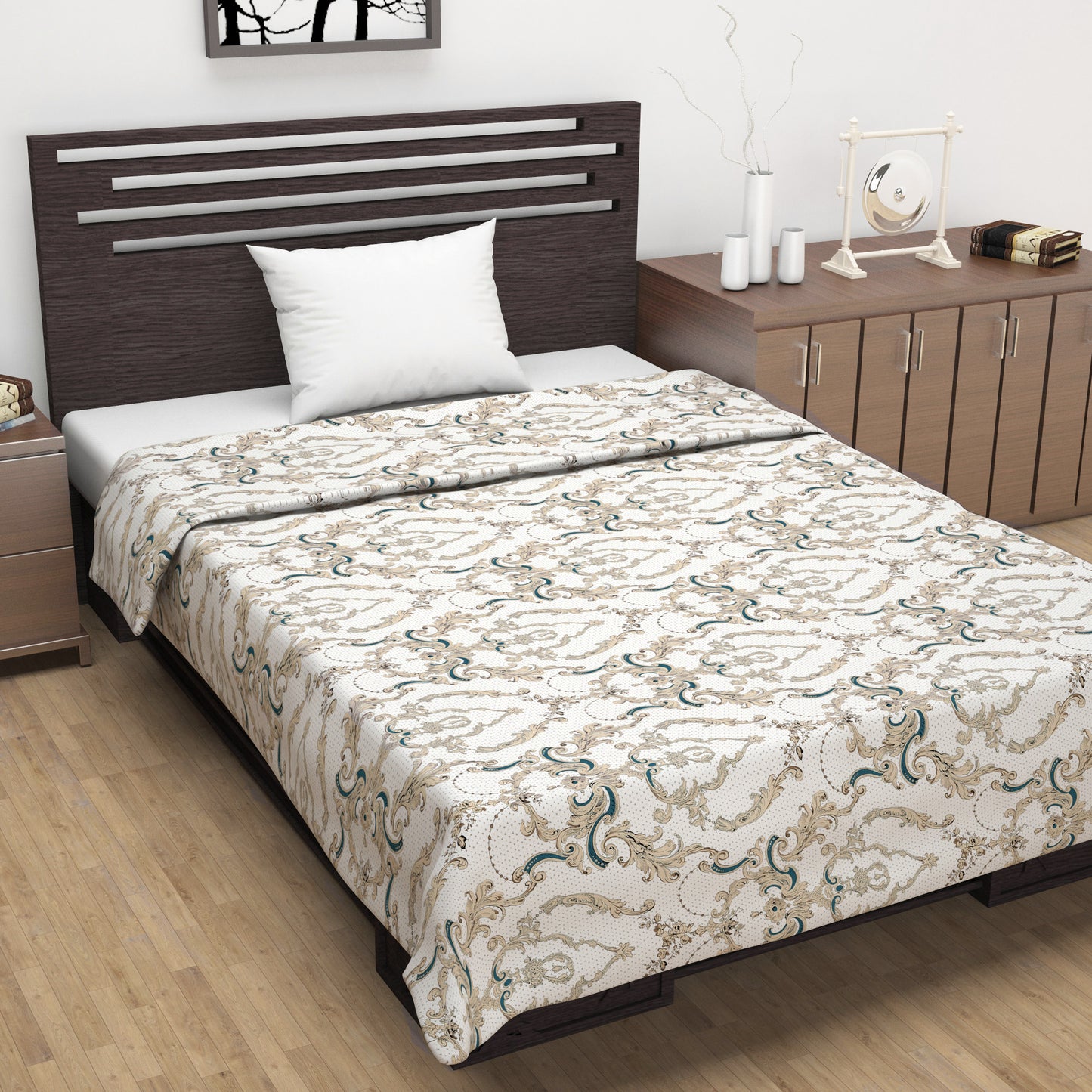 Beige and Brown 120 TC Cotton Floral Pattern Single Bed AC Blanket Dohar for All Season