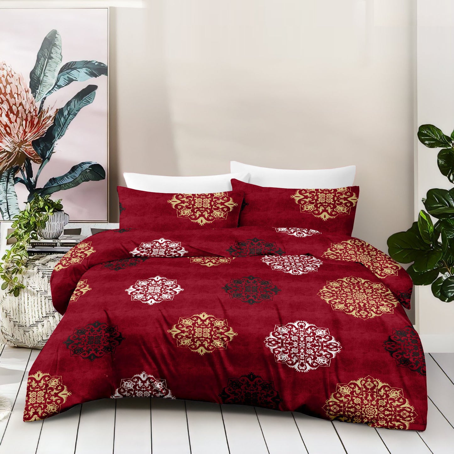 Ornate Harmony Damask Pure Cotton Maroon King Bedsheet – 180 TC