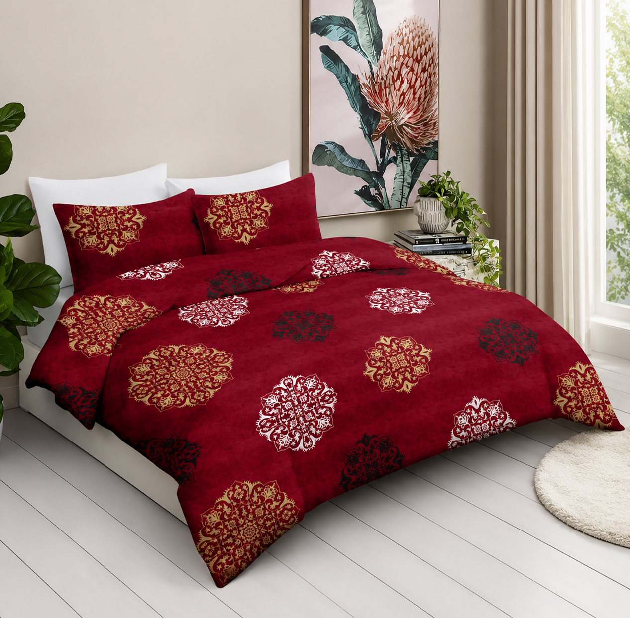 Ornate Harmony Damask Pure Cotton Maroon King Bedsheet – 180 TC