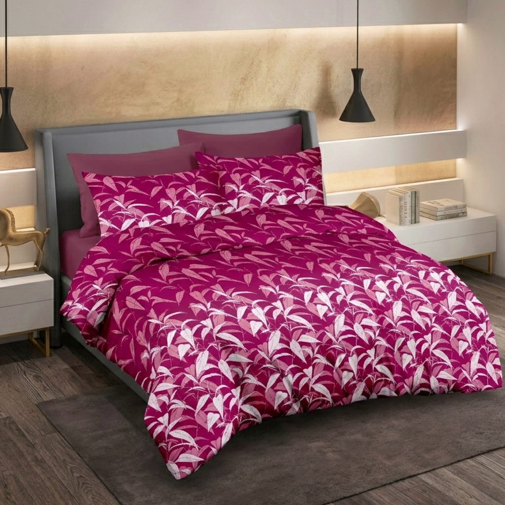 Roselle Canopy Pure Cotton Pink Botanical Leaf Printed King Bedsheet – 180 TC