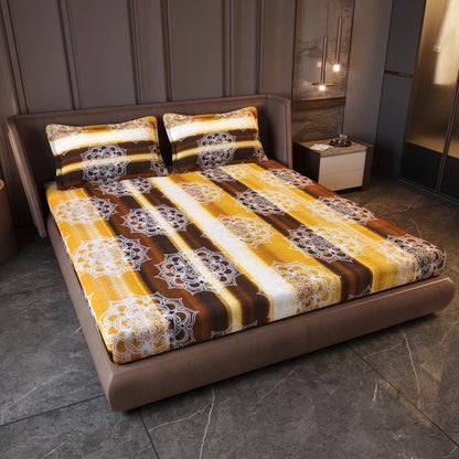 Mustard Yellow & Brown Printed Pure Cotton Bedsheet 180 TC