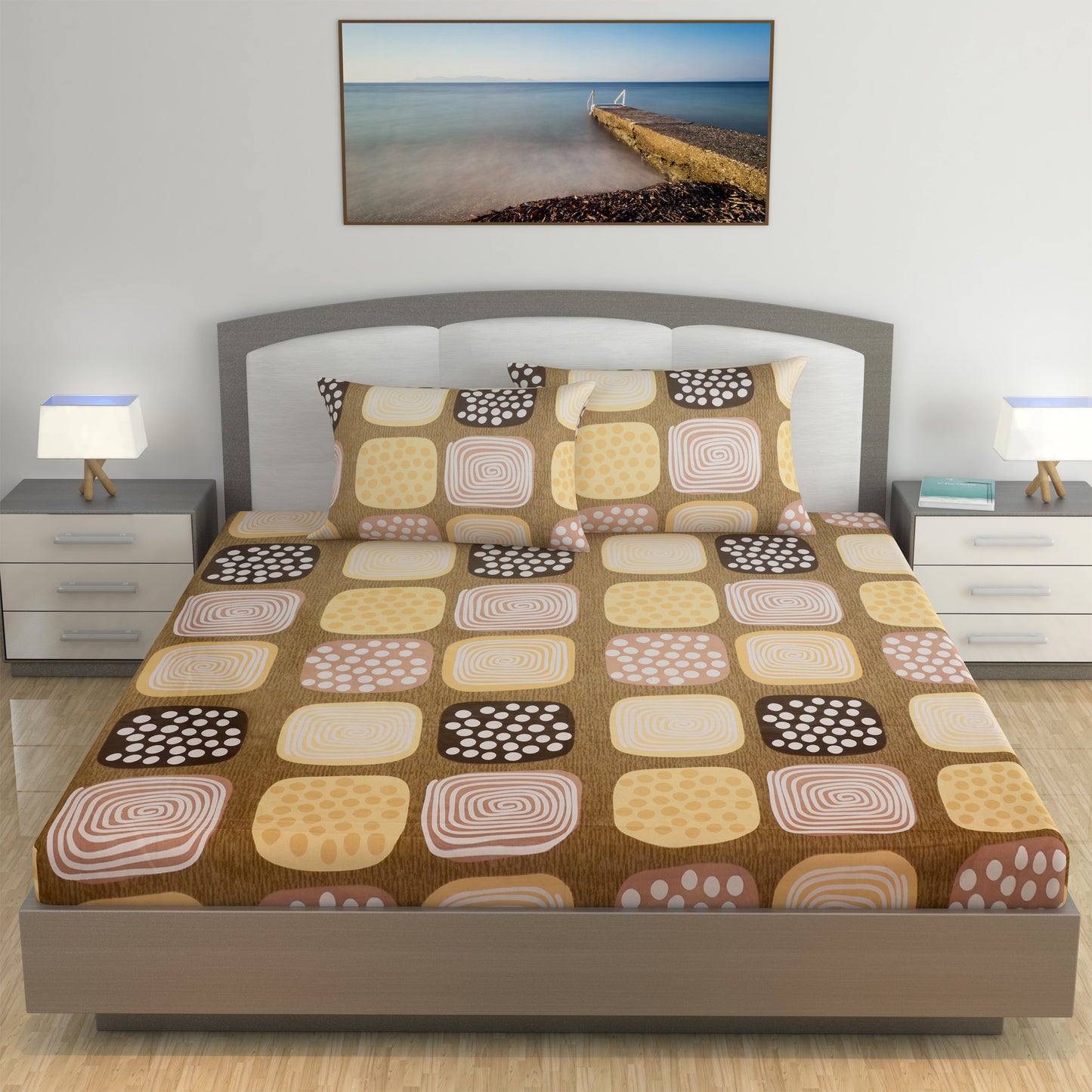 Brown Box Pattern Bedsheet for King Size Bed