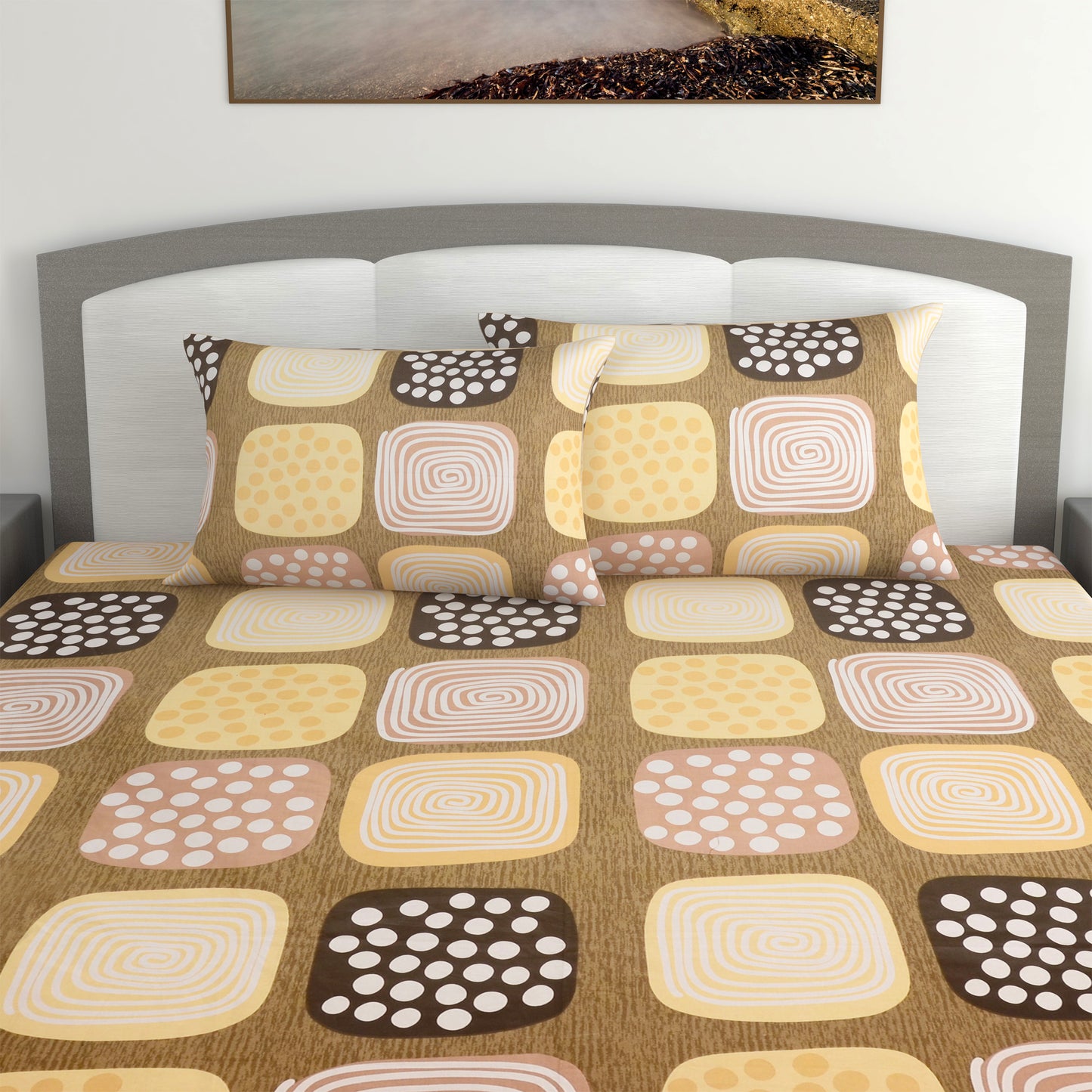 Brown Box Pattern Bedsheet for King Size Bed