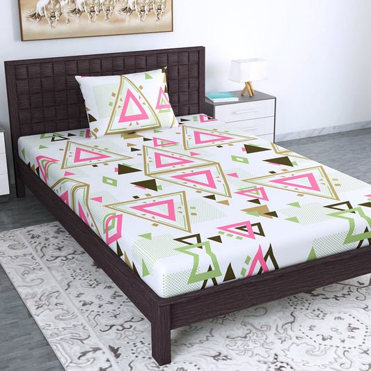 Pink Olive Geometric 144 TC Polycotton Single Bedsheet With 1 Pillowcover