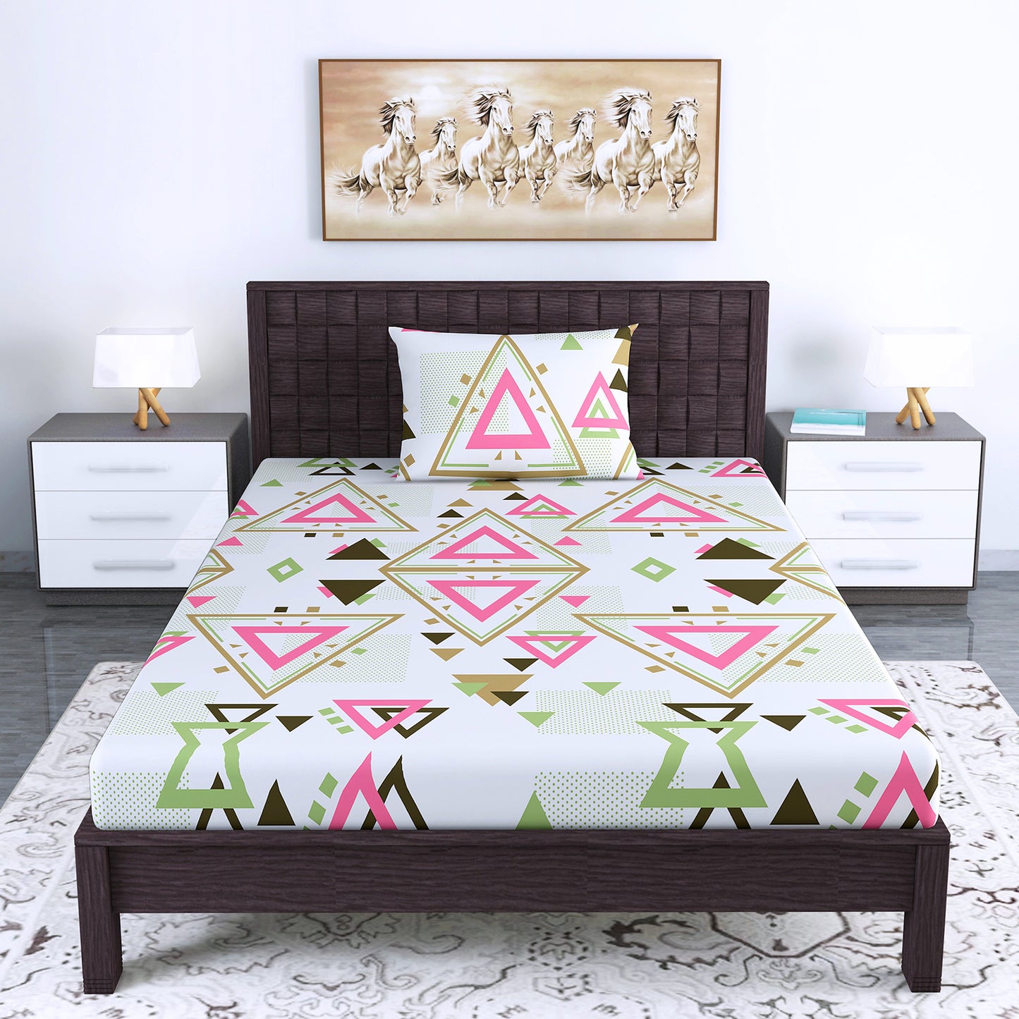 Pink Olive Geometric 144 TC Polycotton Single Bedsheet With 1 Pillowcover