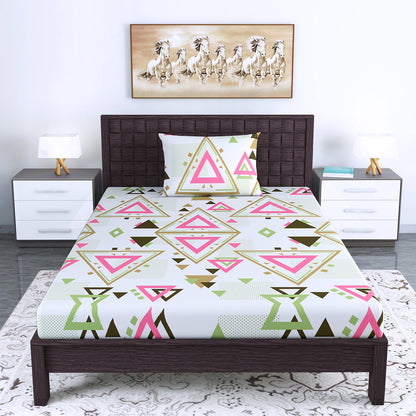 Pink Olive Geometric 144 TC Polycotton Single Bedsheet With 1 Pillowcover