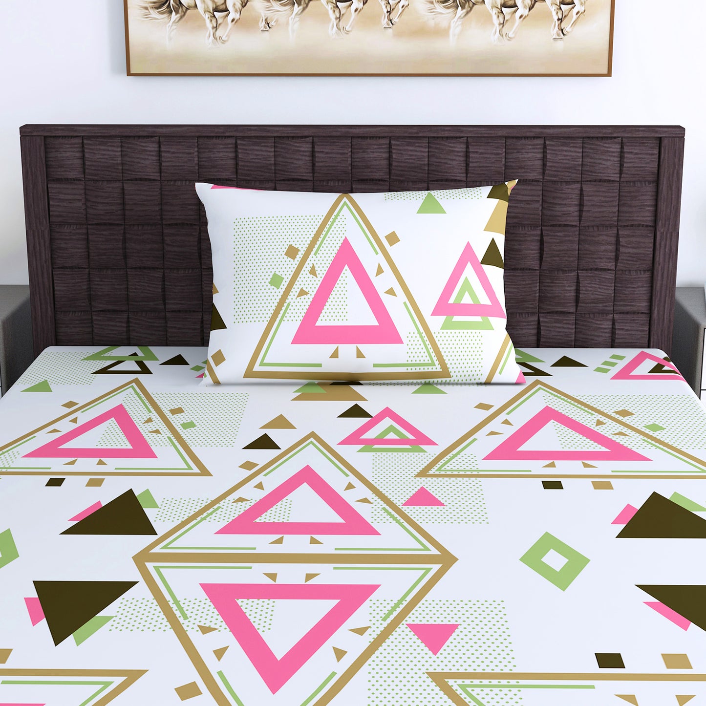 Pink Olive Geometric 144 TC Polycotton Single Bedsheet With 1 Pillowcover