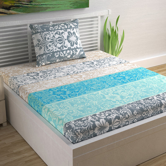 Grey & Blue Floral 144 TC Cotton Single Bedsheet With 1 Pillowcover