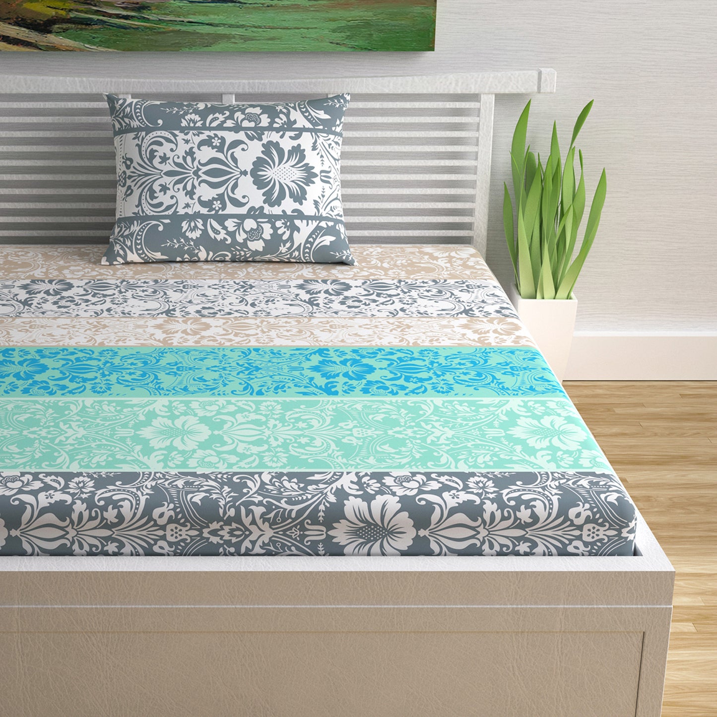 Grey & Blue Floral 144 TC Cotton Single Bedsheet With 1 Pillowcover