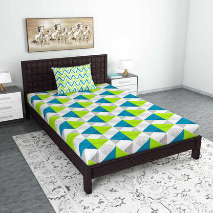 Green and Blue 144 TC 100% Cotton Geometric Single Bedsheet with 1 Pillow Cover  For Bedroom