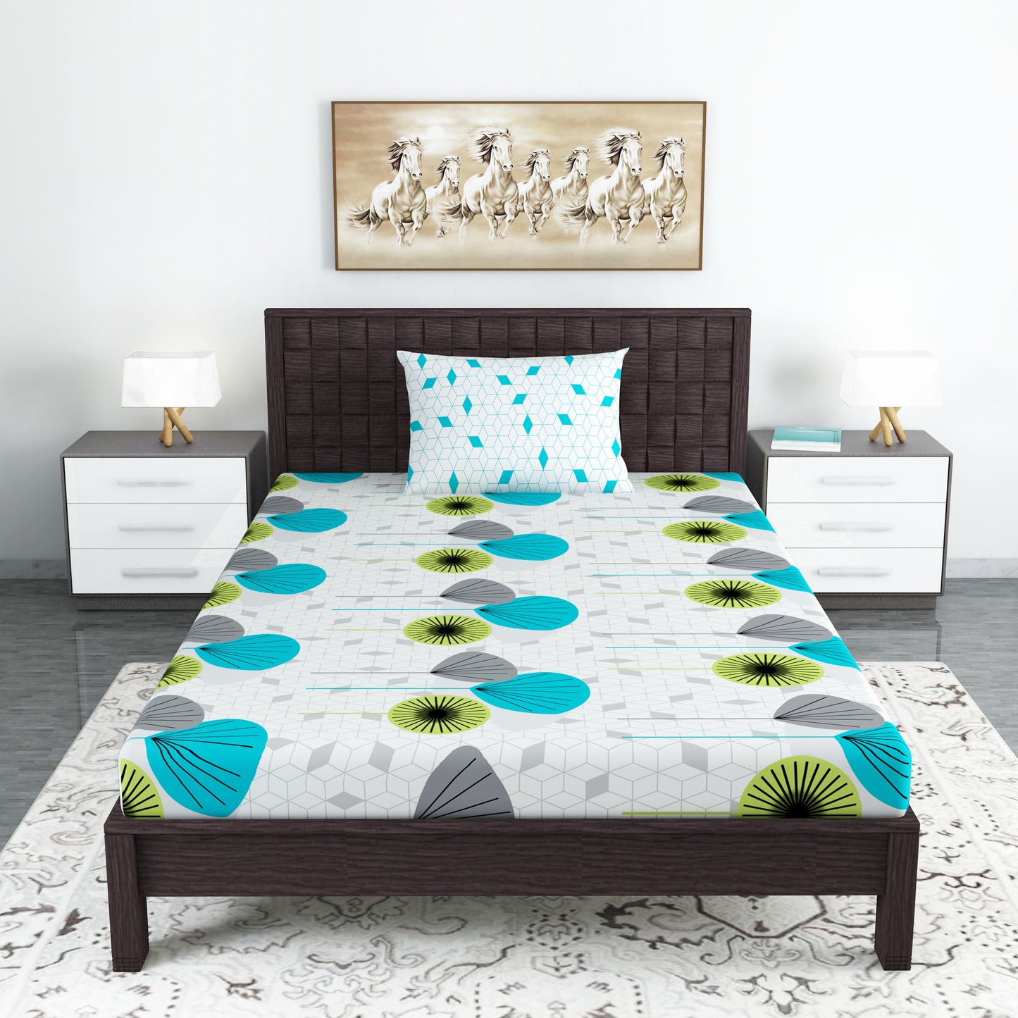 Green & Blue Geometric 144 TC Cotton Single Bedsheet With 1 Pillowcover