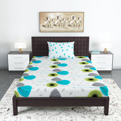 Green & Blue Geometric 144 TC Cotton Single Bedsheet With 1 Pillowcover