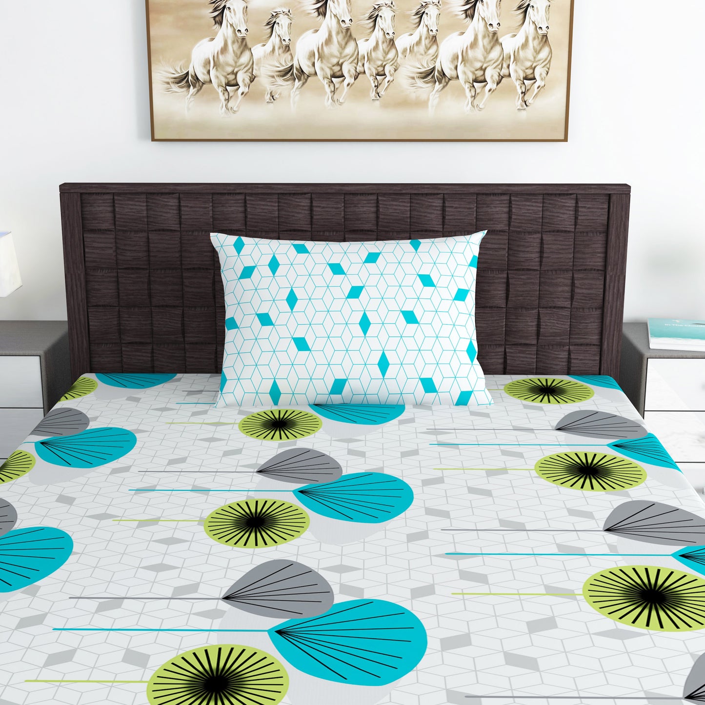 Green & Blue Geometric 144 TC Cotton Single Bedsheet With 1 Pillowcover