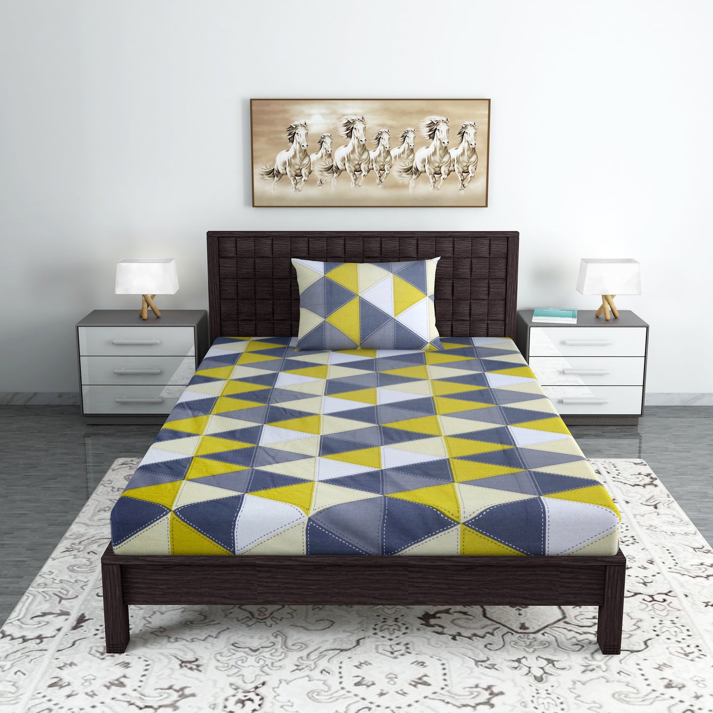 Gold Grey Geometric 144 TC Polycotton Single Bedsheet With 1 Pillowcover