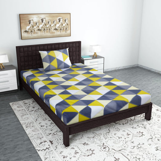 Gold Grey Geometric 144 TC Polycotton Single Bedsheet With 1 Pillowcover