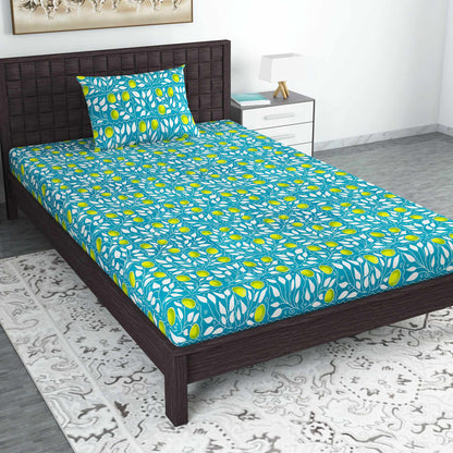 Blue 144 TC 100% Cotton Floral Print Single Bedsheet with 1 Pillow Cover For Bedroom