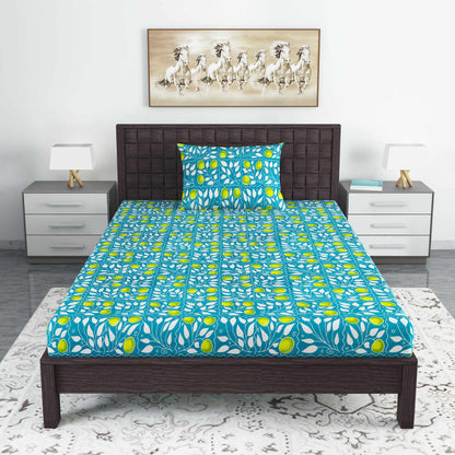 Blue 144 TC 100% Cotton Floral Print Single Bedsheet with 1 Pillow Cover For Bedroom