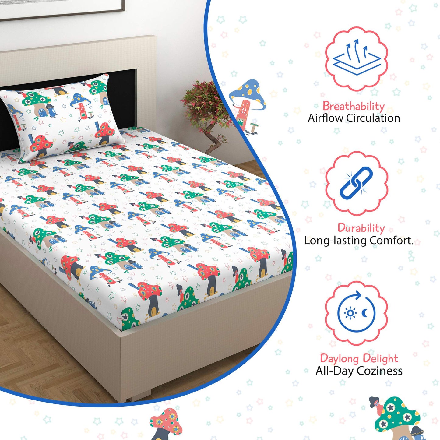 Velvet White Kids Pattern Single Bed Bedsheet