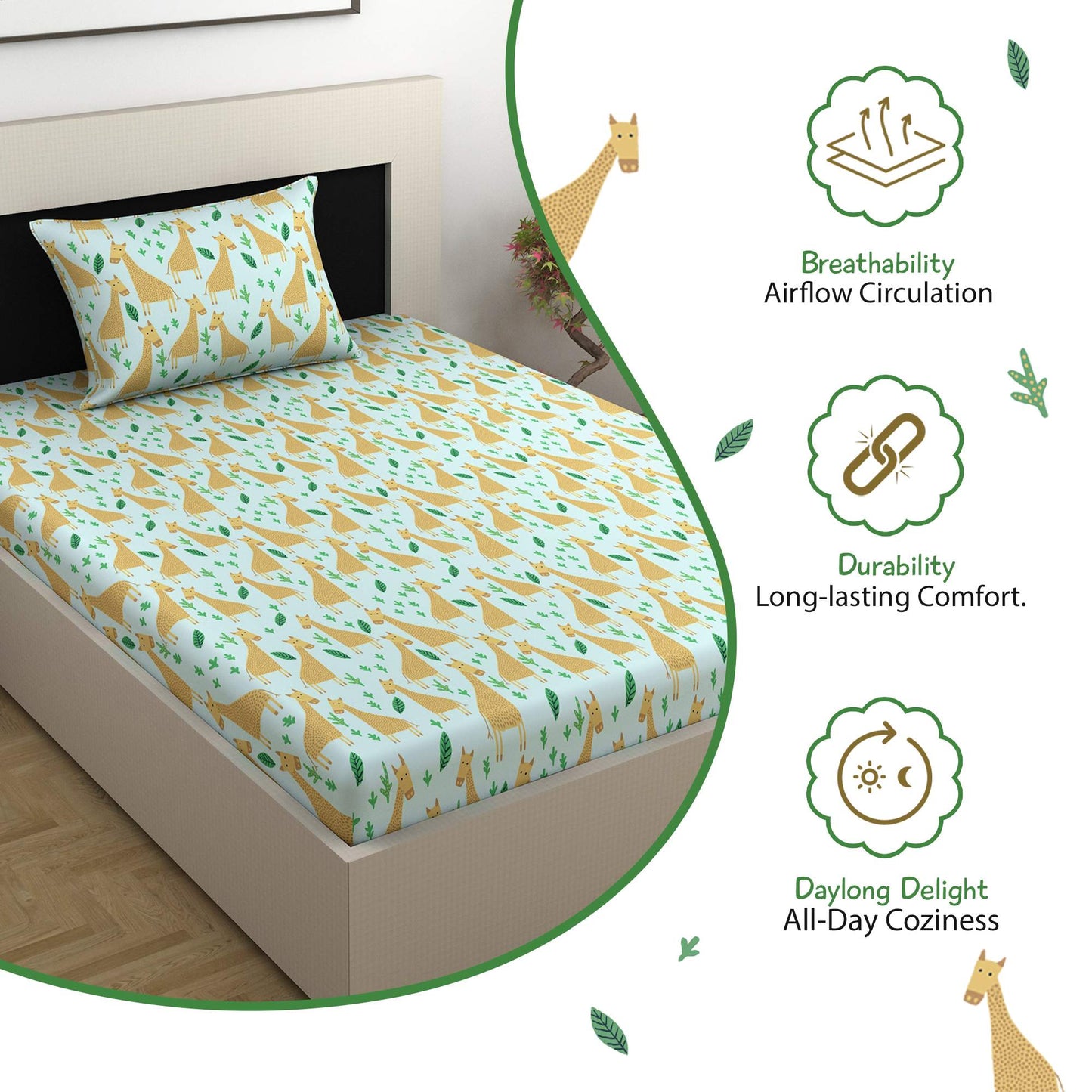Hushed Green Kids Pattern Single Bed Bedsheet