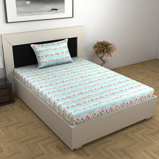 Mint Sky Kids Pattern Single Bedsheet