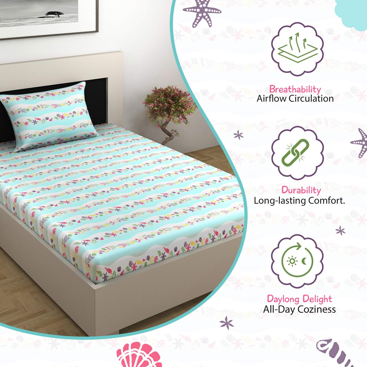 Mint Sky Kids Pattern Single Bedsheet