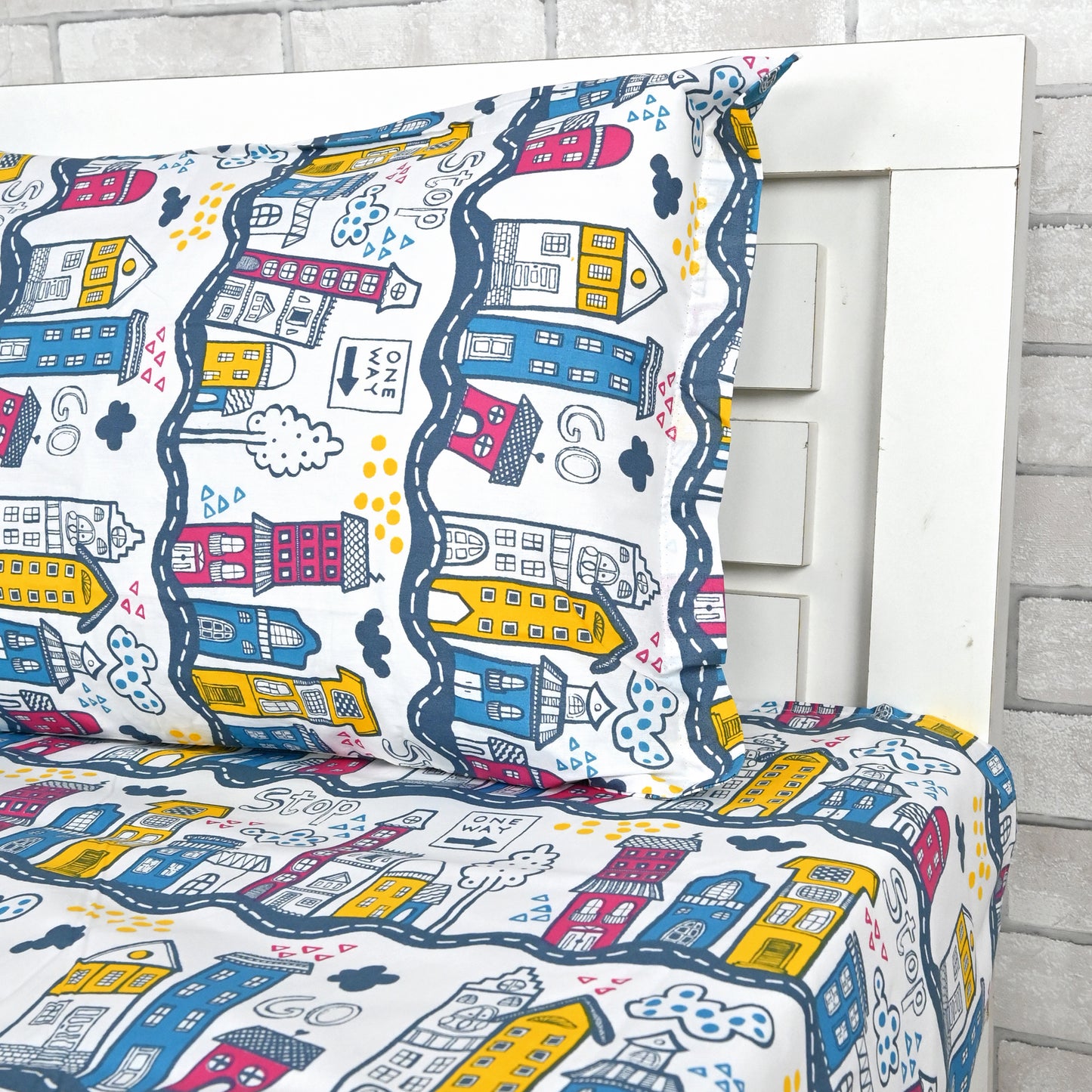 Misty White And Blue Kids City Pattern Single Bedsheet