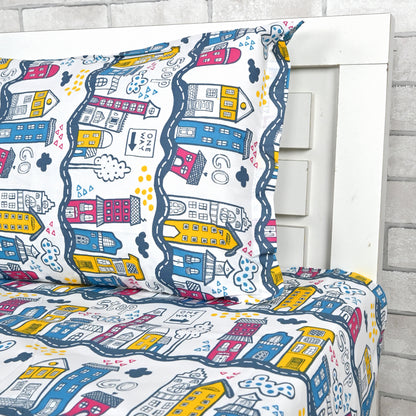 Misty White And Blue Kids City Pattern Single Bedsheet