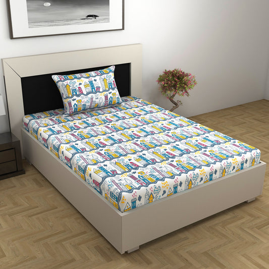 Misty White And Blue Kids City Pattern Single Bedsheet