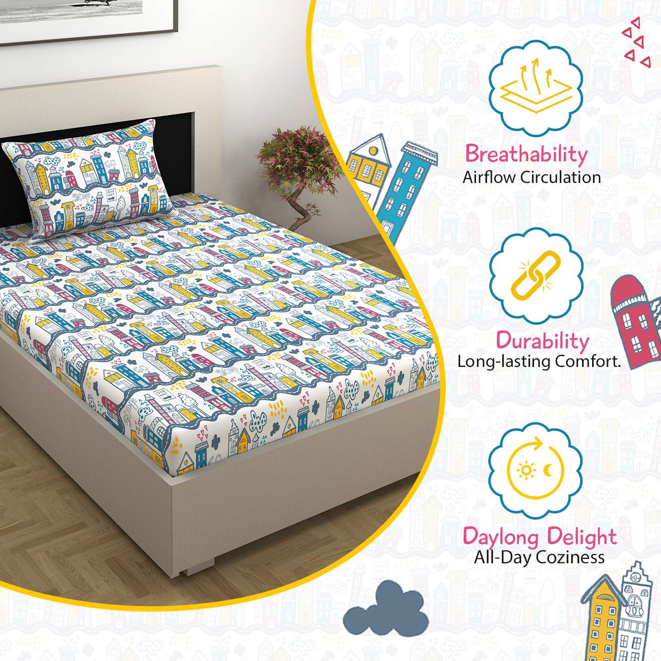 Misty White And Blue Kids City Pattern Single Bedsheet