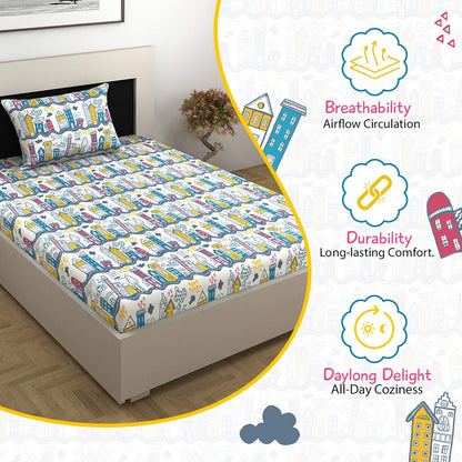 Misty White And Blue Kids City Pattern Single Bedsheet