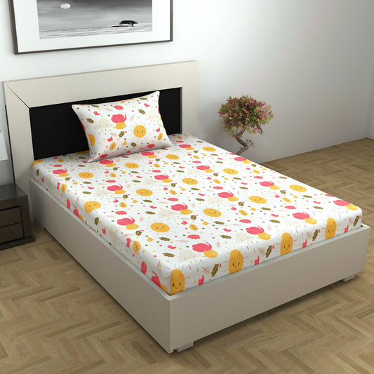 Cream White Kids Pattern Bedsheet For Single Bed