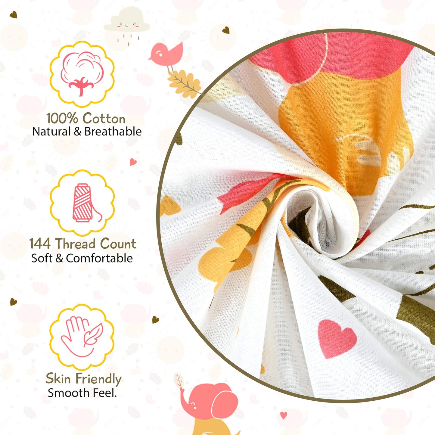 Cream White Kids Pattern Bedsheet For Single Bed