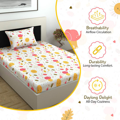 Cream White Kids Pattern Bedsheet For Single Bed